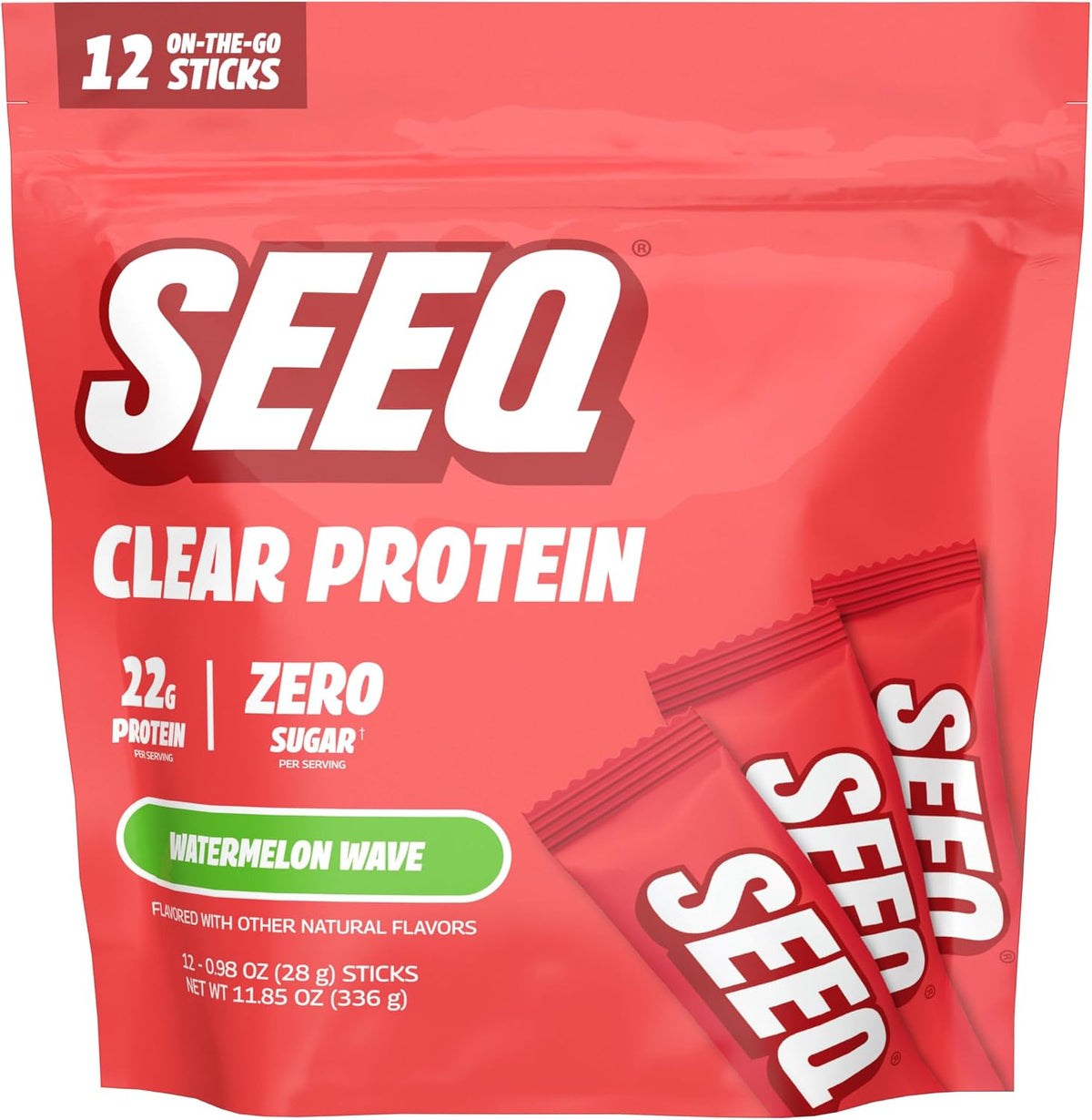 SEEQ Clear Whey Isolate Protein Powder, Watermelon Wave, 12 Single Serving Sticks, 22g Protein Per Stick, Sugar-Free, Keto-Friendly, Soy-Free Clear Protein Powder, Juice-Like Protein