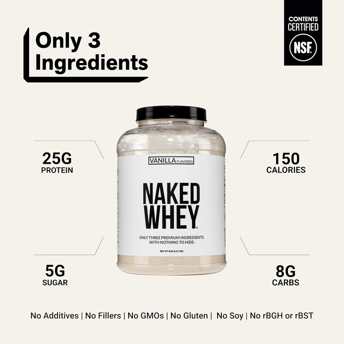 NAKED Vanilla Whey Protein Powder - All Natural Grass Fed Whey Protein Powder, Vanilla Flavor, Organic Coconut Sugar, 5Lb Bulk, NSF Certified, GMO-Free, Soy Free, Gluten Free - 61 Servings