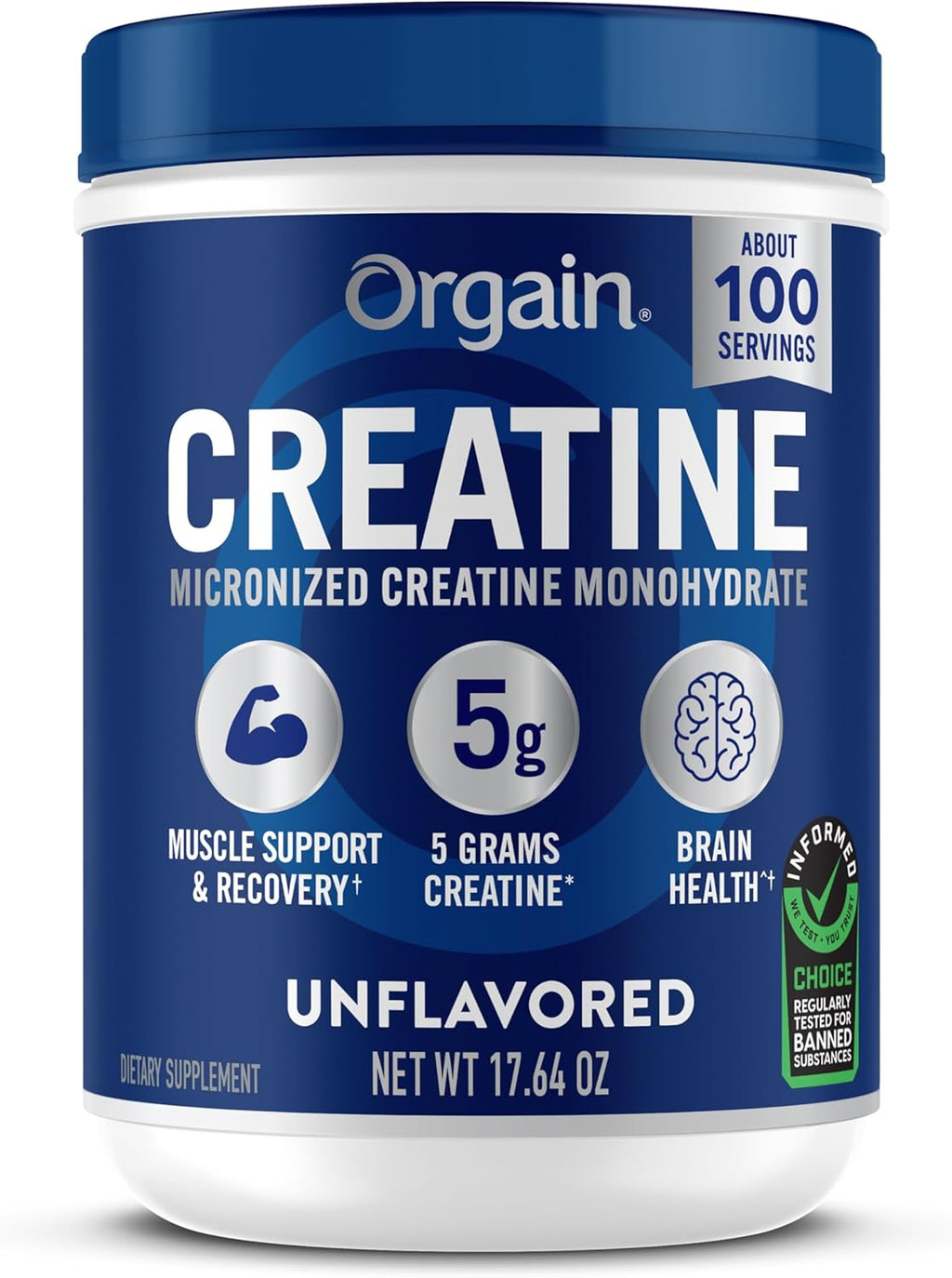 Orgain 5g Creatine Monohydrate Micronized Powder, Unflavored, 100 Servings | Creatine to support muscle growth, post workout recovery & brain health, no artificial additives, non-GMO, 17.64oz