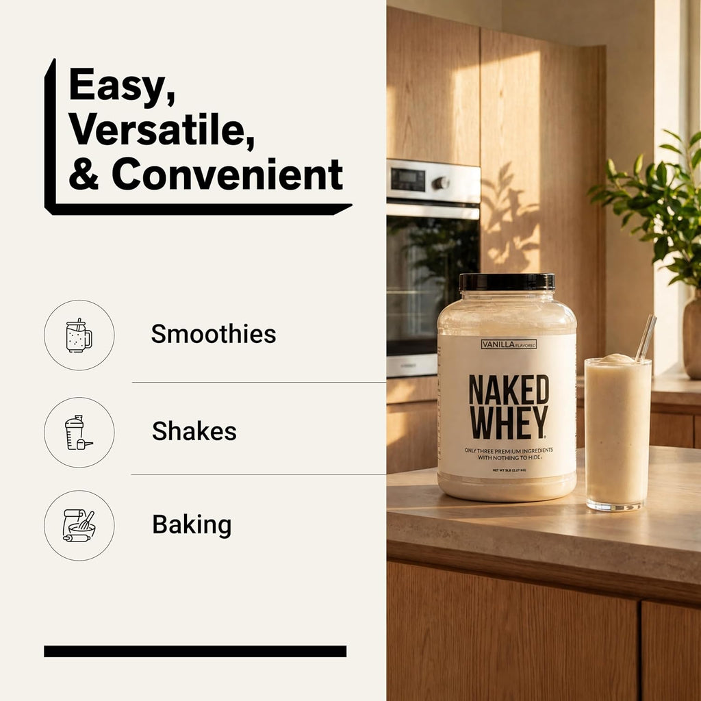 NAKED Vanilla Whey Protein Powder - All Natural Grass Fed Whey Protein Powder, Vanilla Flavor, Organic Coconut Sugar, 5Lb Bulk, NSF Certified, GMO-Free, Soy Free, Gluten Free - 61 Servings
