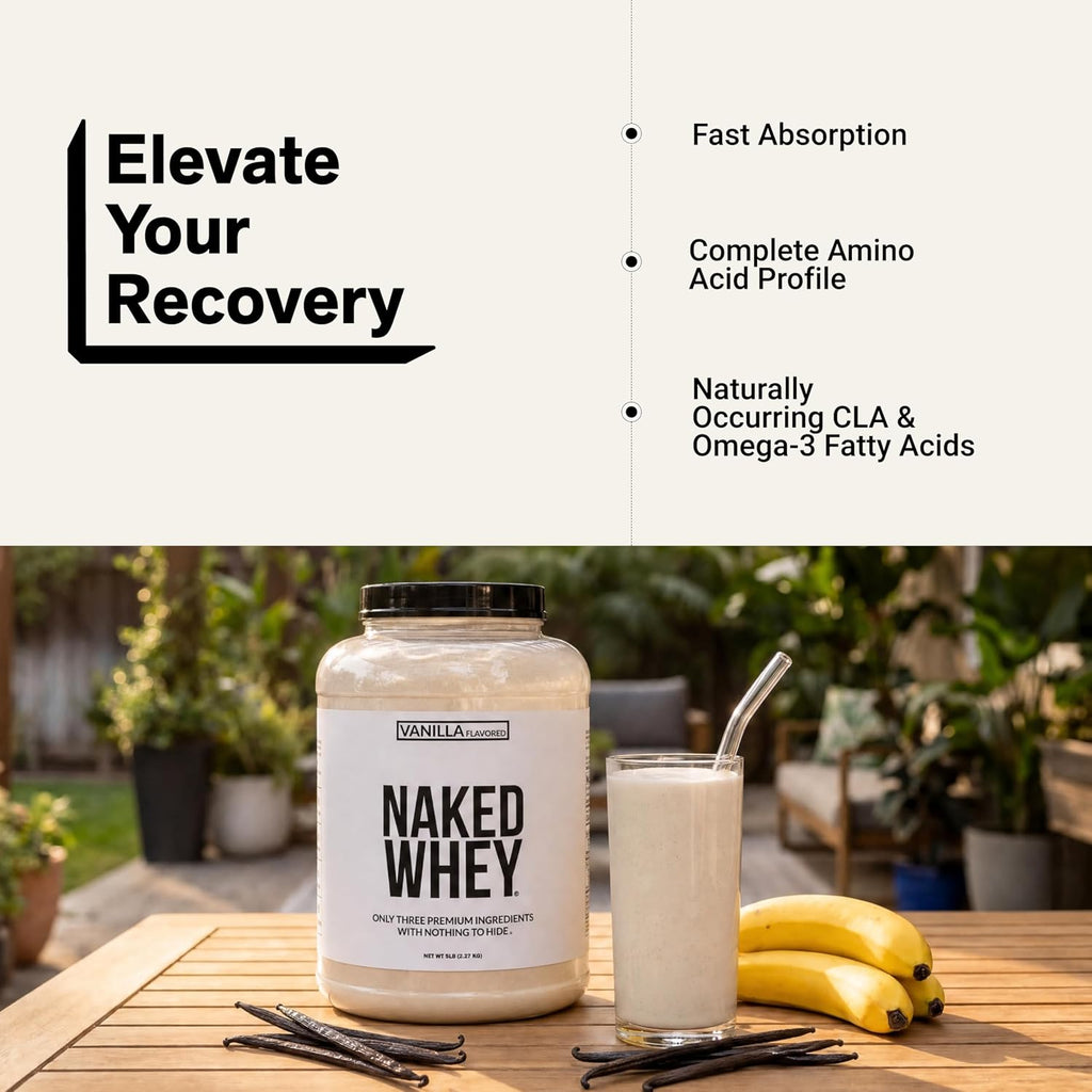 NAKED Vanilla Whey Protein Powder - All Natural Grass Fed Whey Protein Powder, Vanilla Flavor, Organic Coconut Sugar, 5Lb Bulk, NSF Certified, GMO-Free, Soy Free, Gluten Free - 61 Servings