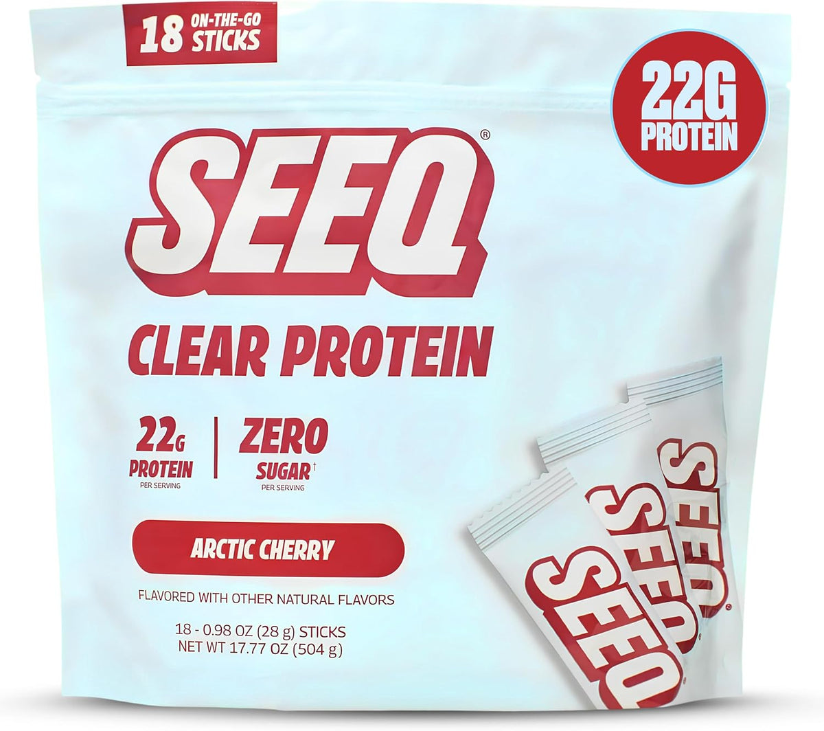 SEEQ Clear Protein Powder Arctic Cherry - Limited Edition - 18 On-The-Go Sticks - 22g Clear Whey Protein Isolate - Zero Sugar - 0g Lactose - Allergen Friendly - GLP1 Support - Post Workout Recovery