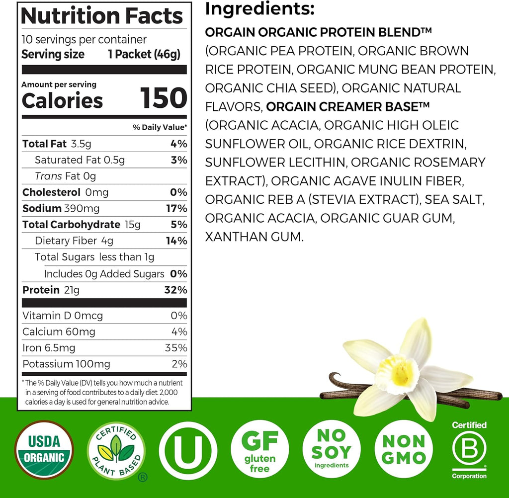 Orgain Organic Vegan 21g Protein Powder, Vanilla Bean, 10 Travel Packs | Plant based protein, 4g prebiotic fiber, low net carb, no added sugar or lactose ingredients, non-GMO, for shakes & smoothies