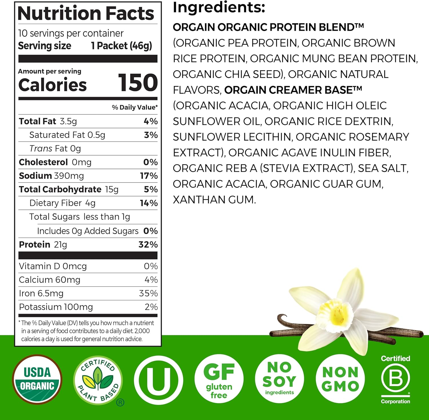 Orgain Organic Vegan 21g Protein Powder, Vanilla Bean, 10 Travel Packs | Plant based protein, 4g prebiotic fiber, low net carb, no added sugar or lactose ingredients, non-GMO, for shakes & smoothies