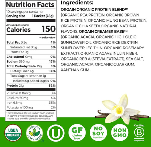 Orgain Organic Vegan 21g Protein Powder, Vanilla Bean, 10 Travel Packs | Plant based protein, 4g prebiotic fiber, low net carb, no added sugar or lactose ingredients, non-GMO, for shakes & smoothies