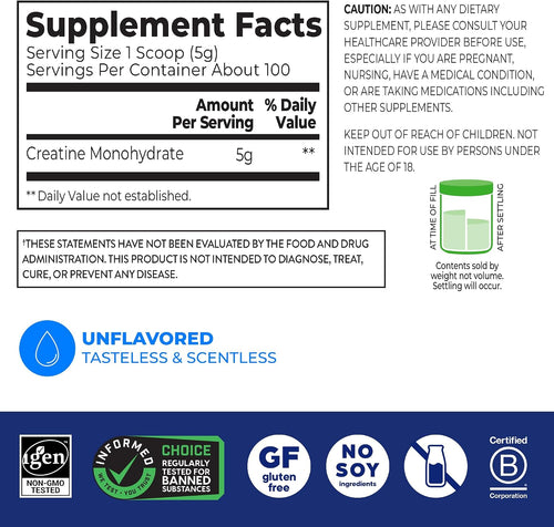 Orgain 5g Creatine Monohydrate Micronized Powder, Unflavored, 100 Servings | Creatine to support muscle growth, post workout recovery & brain health, no artificial additives, non-GMO, 17.64oz