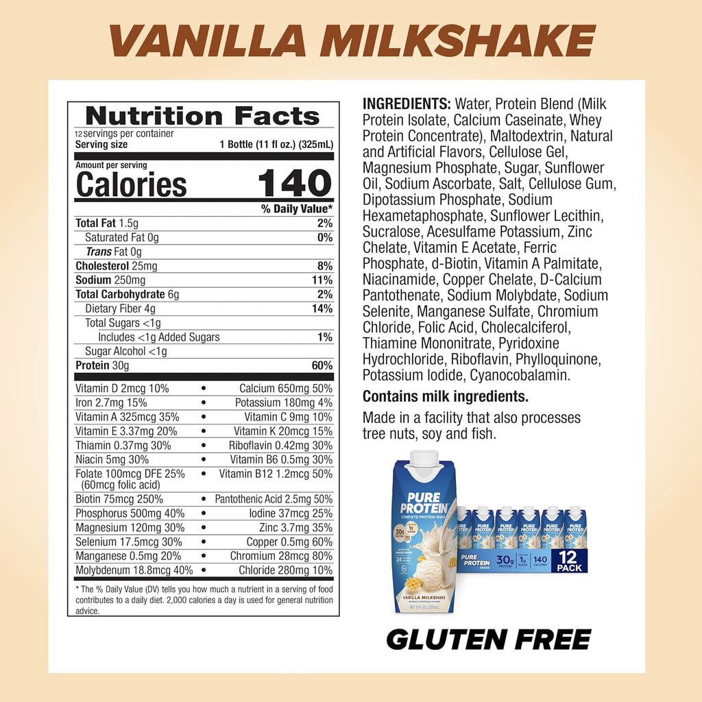 Pure Protein Vanilla Protein Shake, 30g Complete Protein, 12 Ct | Ready to Drink and Keto-Friendly, Vitamins A, C, D, and E plus Zinc to Support Immune Health, 11oz Bottles