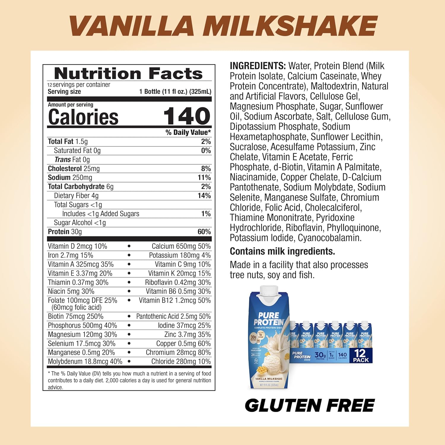 Pure Protein Vanilla Protein Shake, 30g Complete Protein, 12 Ct | Ready to Drink and Keto-Friendly, Vitamins A, C, D, and E plus Zinc to Support Immune Health, 11oz Bottles