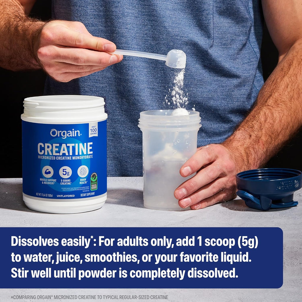 Orgain 5g Creatine Monohydrate Micronized Powder, Unflavored, 100 Servings | Creatine to support muscle growth, post workout recovery & brain health, no artificial additives, non-GMO, 17.64oz
